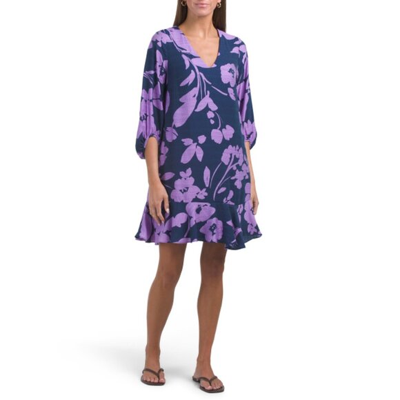 LONDON TIMES Navy V-neck Three-quarter Sleeve Mini Shift Dress With Flounce Hem